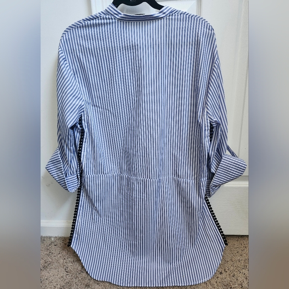 Zara Half Button Down Top with Oxford Strips and Decorative Fashion Trim - Picture 2 of 4